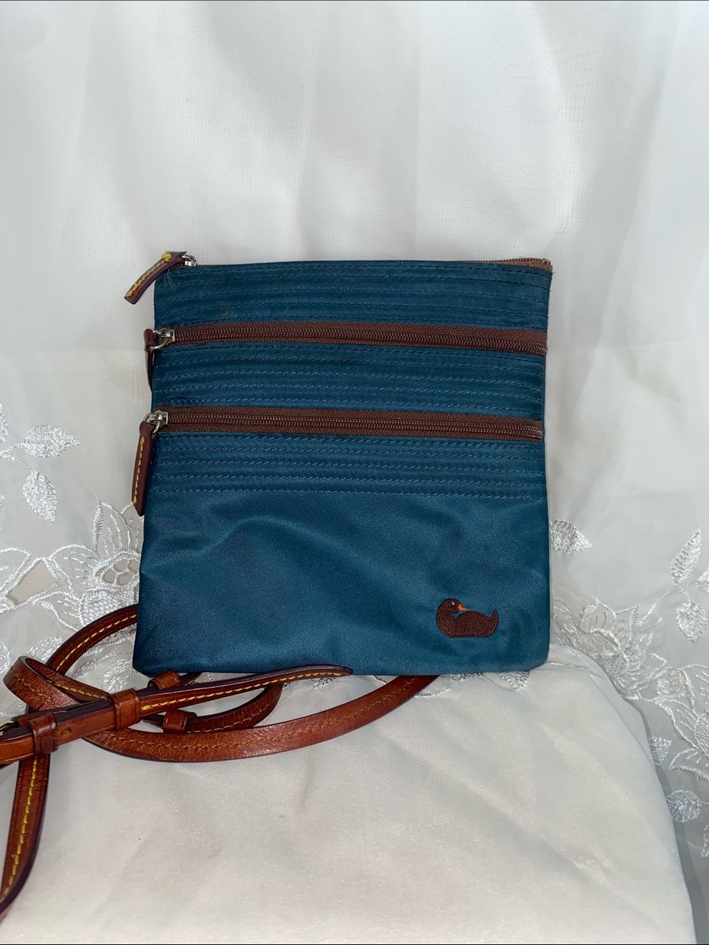 Dooney & Bourke Dark Teal North South Triple Zip Crossbody with Brown Trim